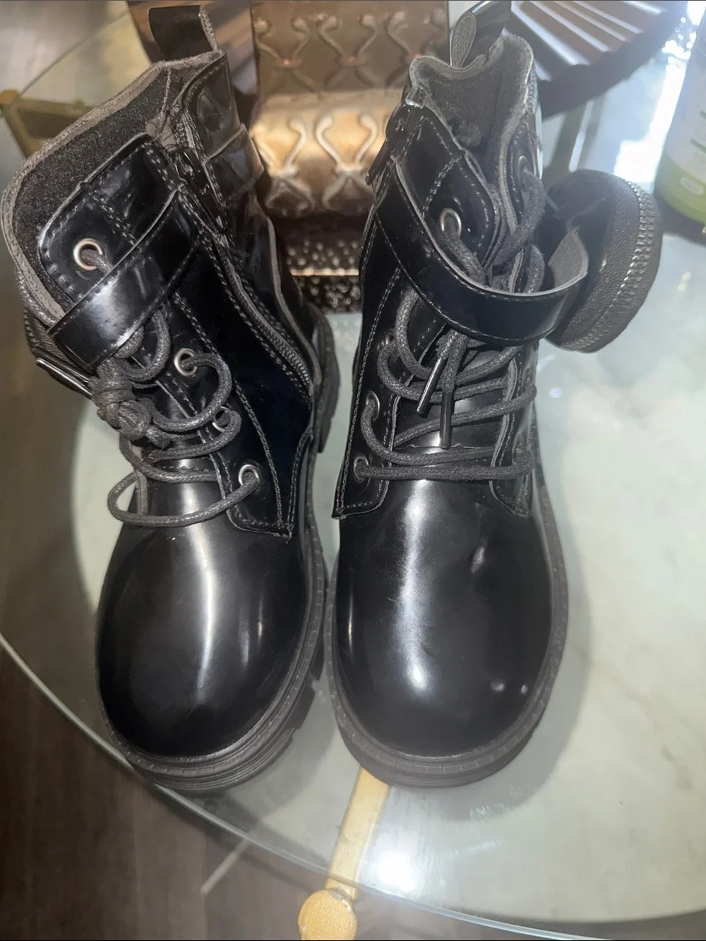 Shoe Dazzle Black Patent Lace-Up Platform Boots
